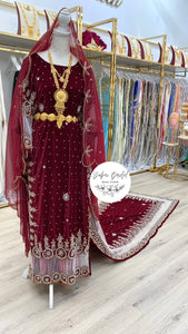 AMIRAH Maroon Velvet Bridal Dirac (gold & silver mix beading)