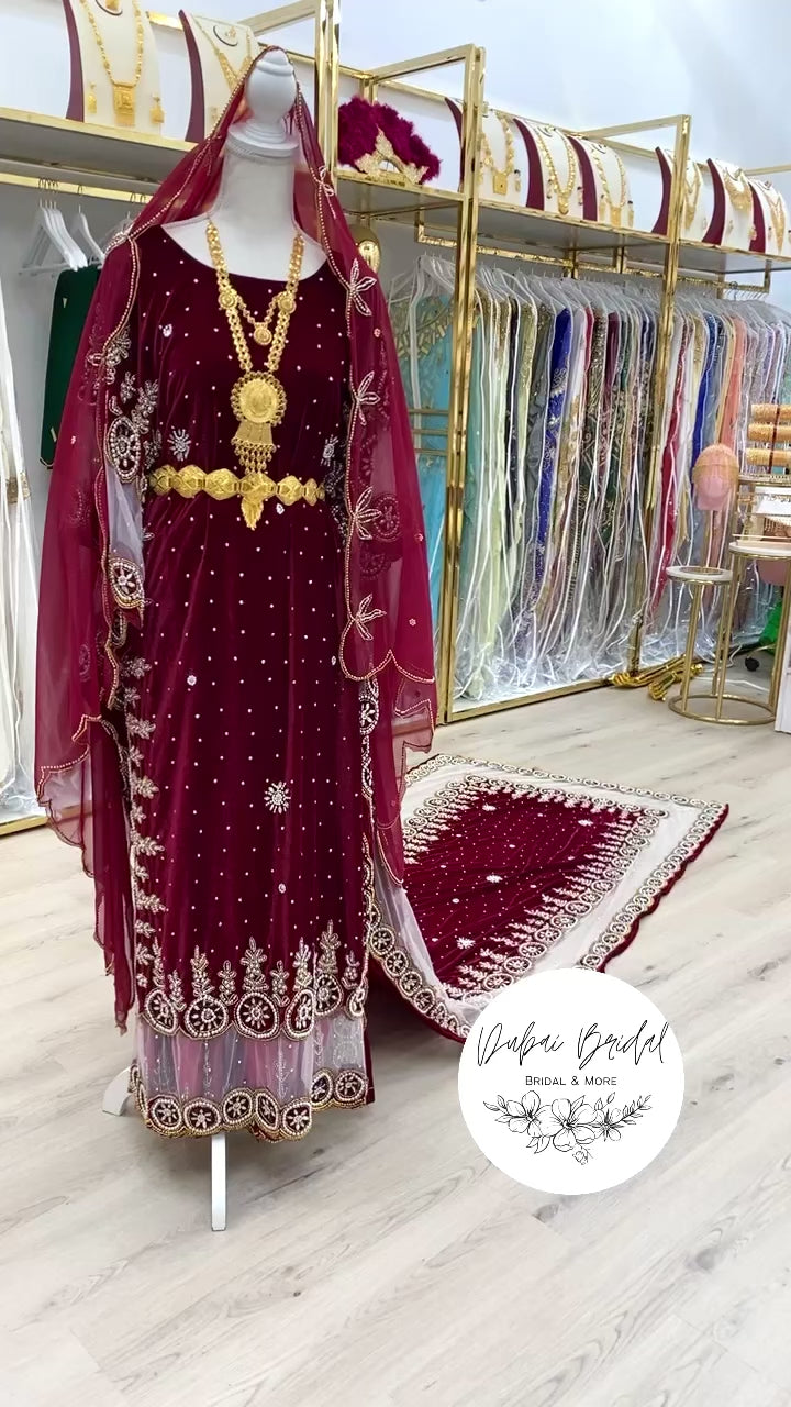 AMIRAH Maroon Velvet Bridal Dirac (gold & silver mix beading)