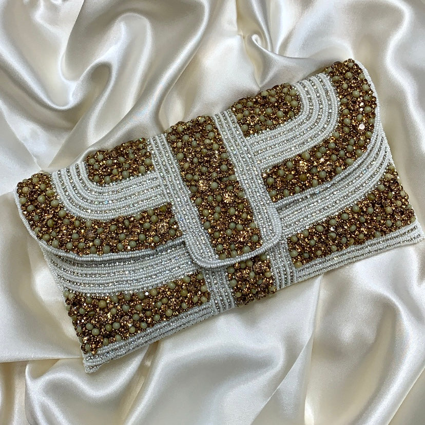 White & Gold Rhinestone Clutch